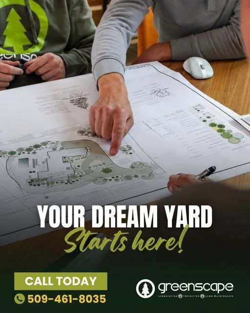 Greenscape social graphic — a landscape designer pointing across a printed site plan at a desk, over the headline “Your dream yard starts here!”