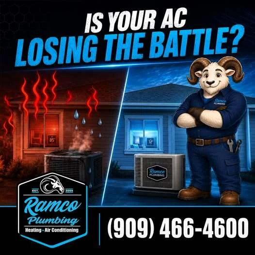 Ramco social graphic — a split scene of a sweltering red-lit house beside a cool blue one with the ram mascot, over the headline “Is your AC losing the battle?” and the phone number 909-466-4600
