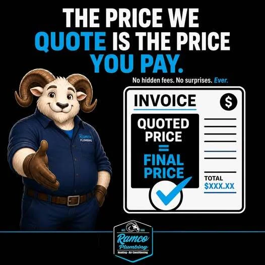 Ramco social graphic — the ram mascot offering a handshake beside an invoice reading “quoted price = final price”, over the headline “The price we quote is the price you pay. No hidden fees. No surprises. Ever.”