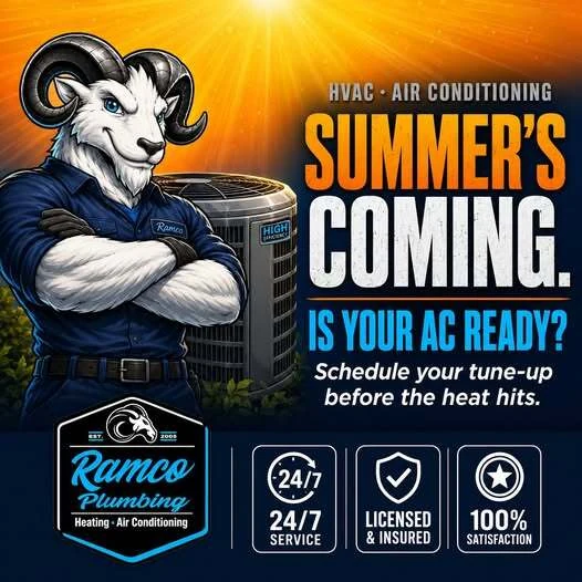 Ramco social graphic — the Ramco ram mascot standing with folded arms beside an air-conditioning condenser under a blazing sun, over the headline “Summer’s coming. Is your AC ready?” with 24/7 service, licensed and insured and 100% satisfaction badges