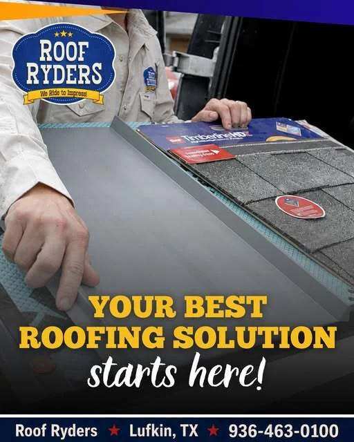 Roof Ryders social graphic — a hand drawing a shingle sample board from a truck bed, over the headline “Your best roofing solution starts here!”