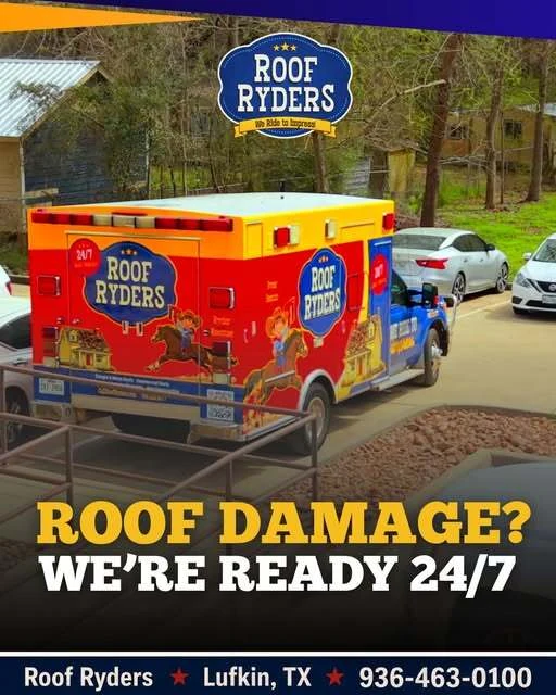 Roof Ryders social graphic — the Roof Ryders branded rescue truck parked on a drive, over the headline “Roof damage? We’re ready 24/7”