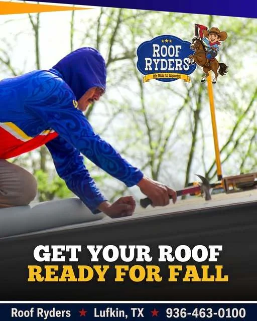 Roof Ryders social graphic — a roofer in a blue hoodie working along a roof edge, over the headline “Get your roof ready for fall”