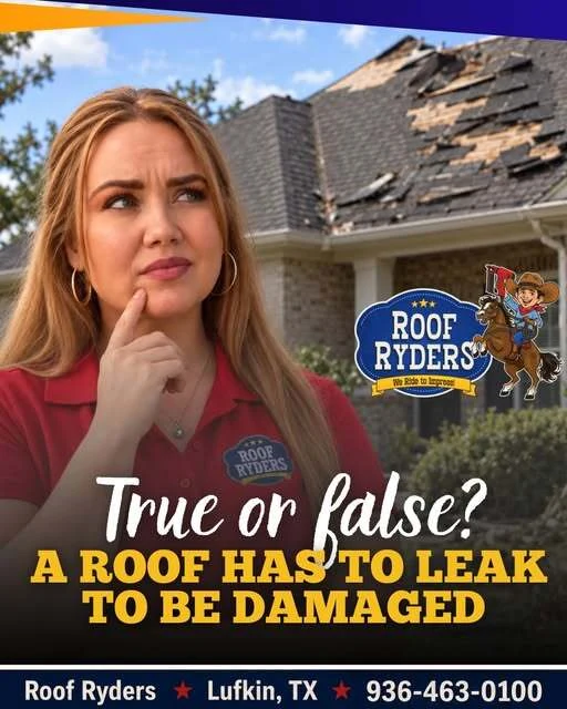 Roof Ryders social graphic — a woman in a Roof Ryders polo looking doubtful in front of a storm-stripped roof, over the headline “True or false? A roof has to leak to be damaged”